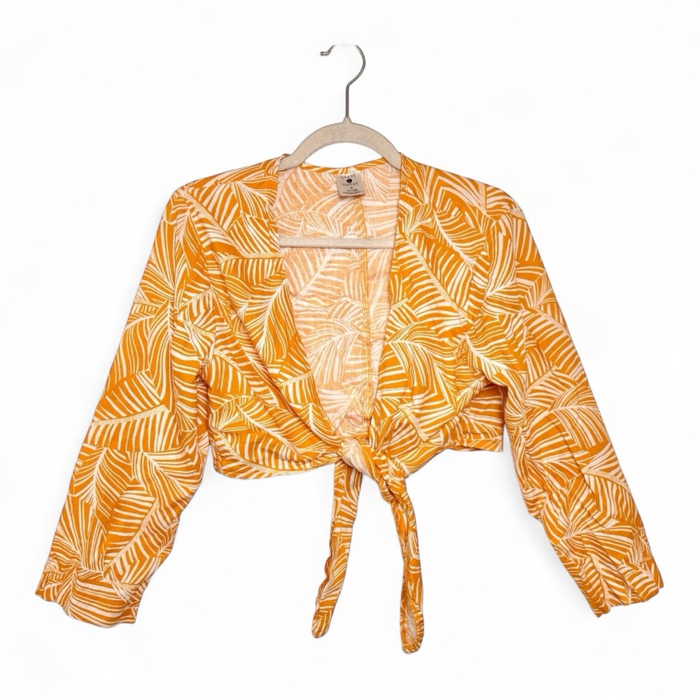 Shade & Shore Orange Tropical Leaf Cropped Wrap Top Resort Medium